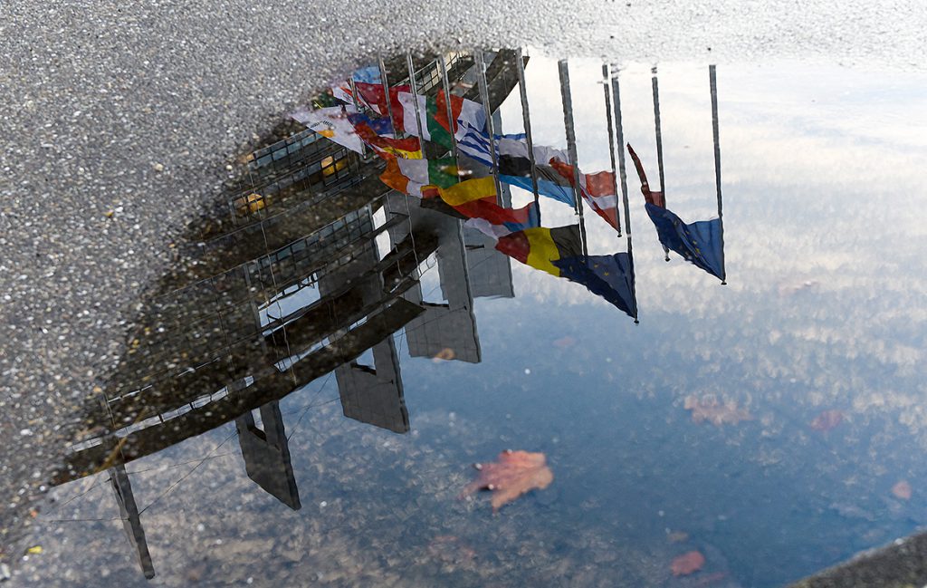 Fahnen in Strassburg gespiegelt in einer Wasserpfütze